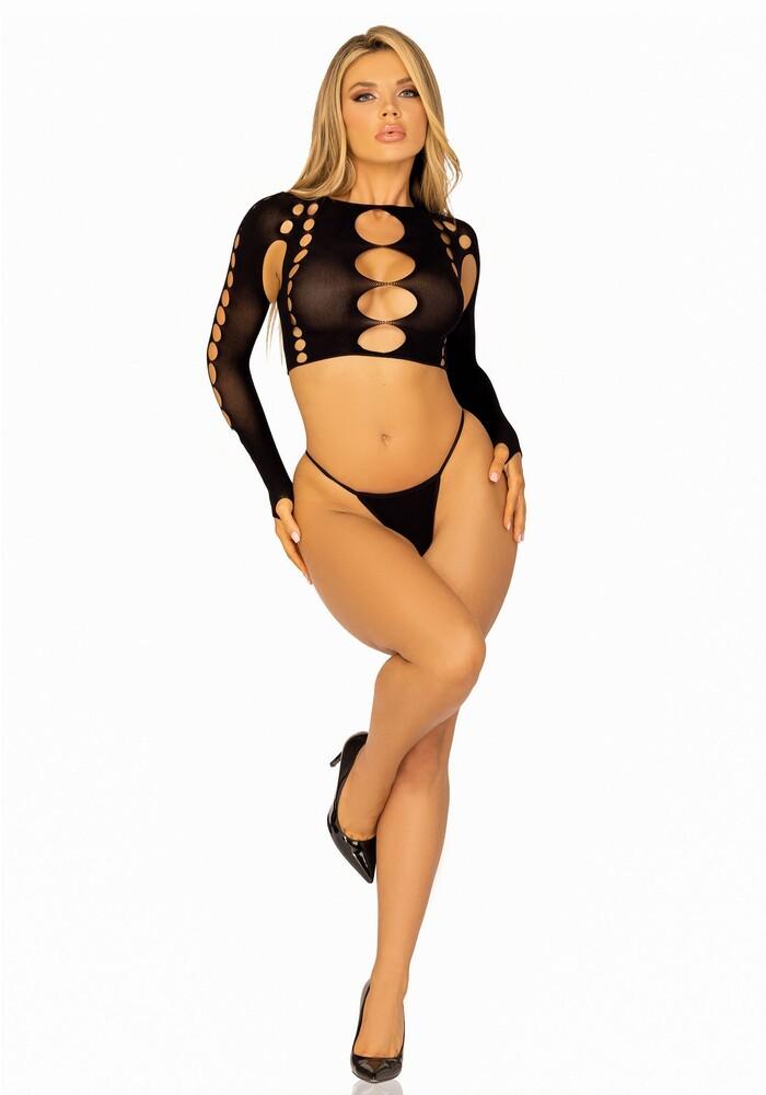 Completino Sexy Long Sleeve Crop Top e String Nero thumbnail 6