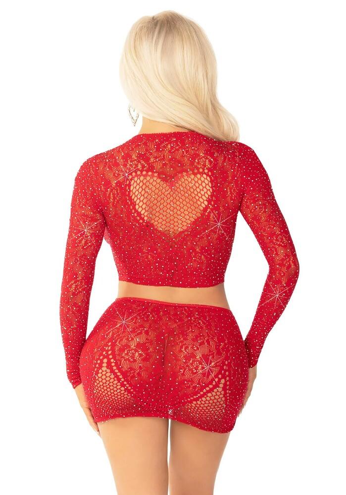 Completino Sexy Rhinestone Crop Top and Mini Skirt Rosso thumbnail 2