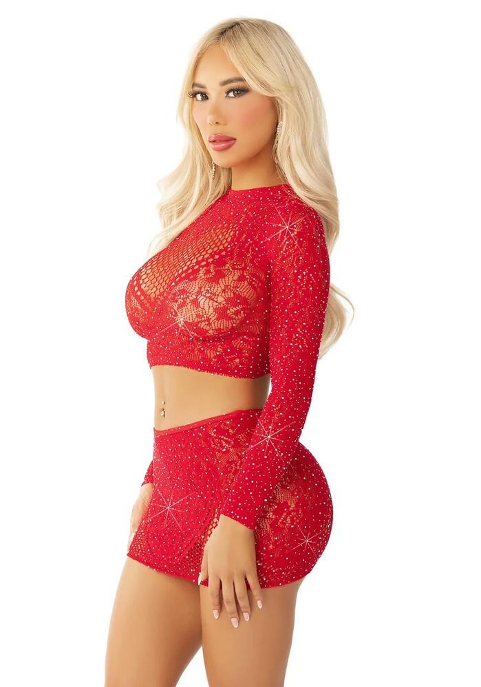 Completino Sexy Rhinestone Crop Top and Mini Skirt Rosso thumbnail 3