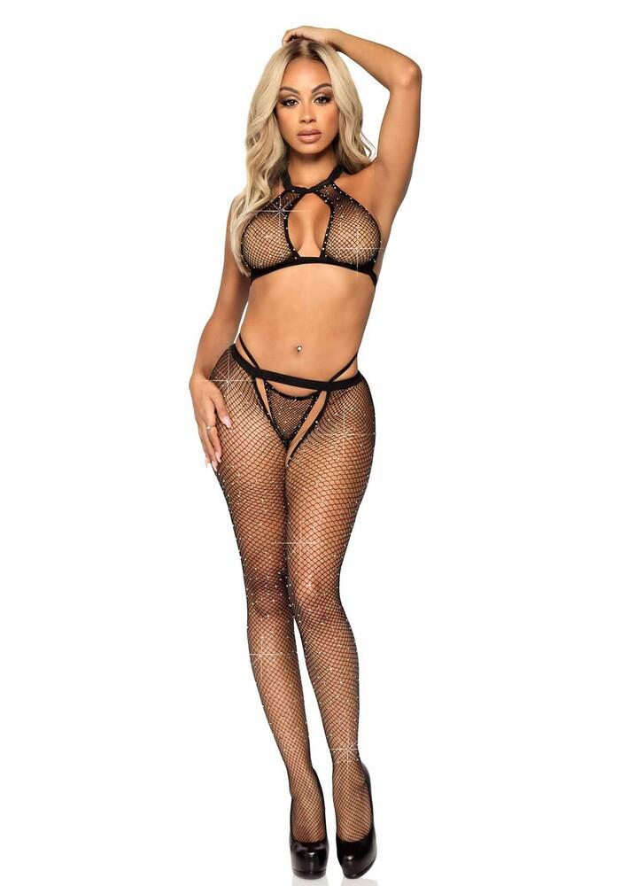 Completino Sexy Fishnet Top G String and Tights Nero thumbnail 4