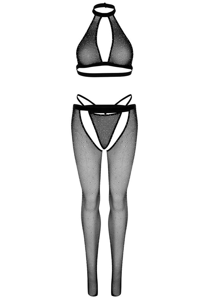 Completino Sexy Fishnet Top G String and Tights Nero thumbnail 5